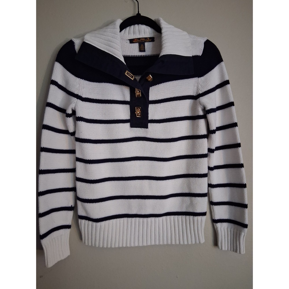 Lauren Ralph Lauren Striped Cotton Sweater Navy White Gold Turn-Lock XS